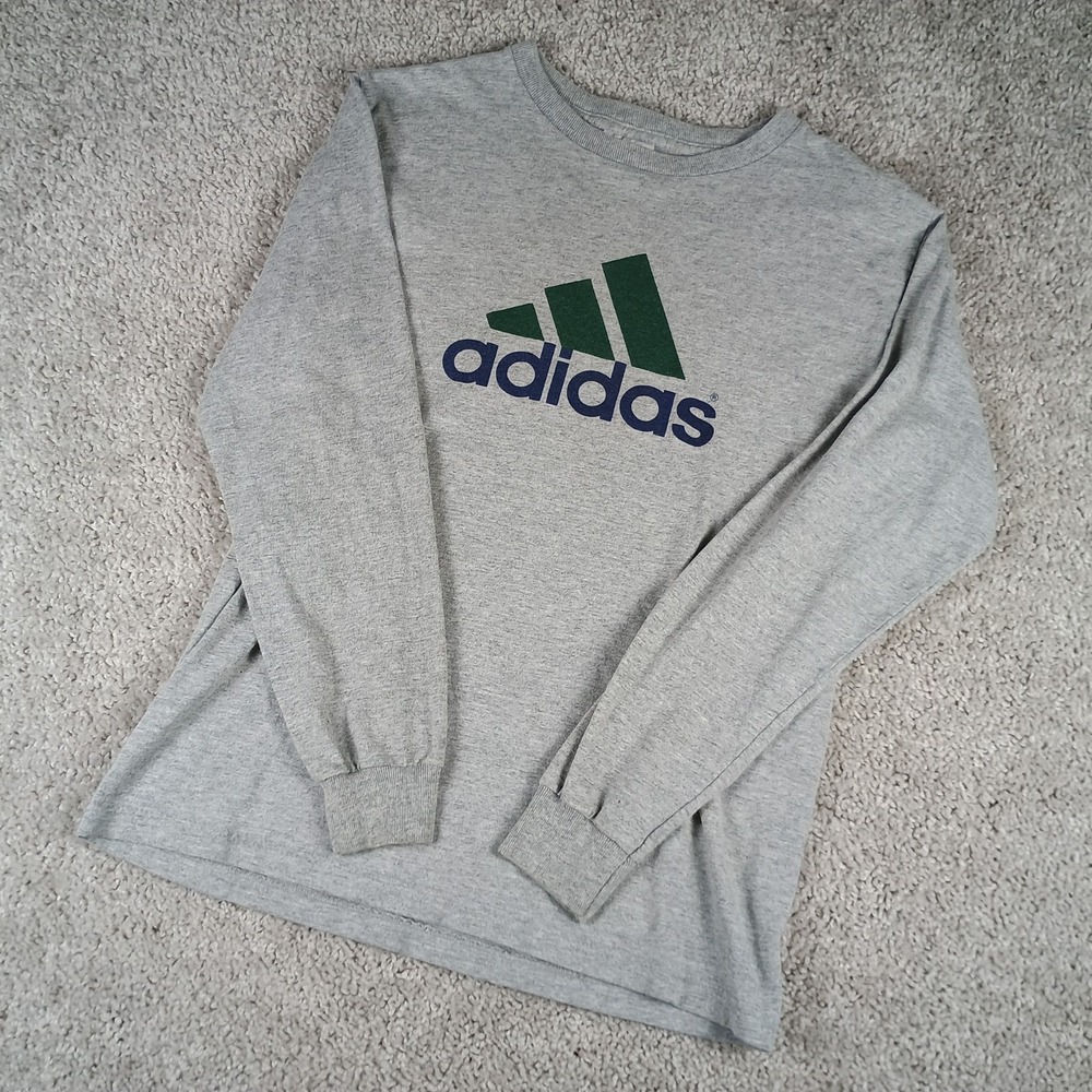 Vintage 90s Adidas Long Sleeve Shirt Made In USA Gray Green Navy Large Fits M